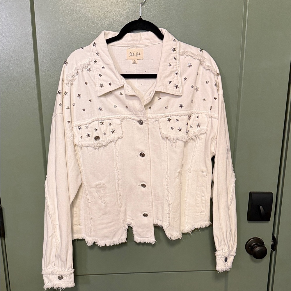 Oli & Hali white Distressed Star-Studded Denim Jacket
